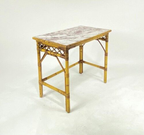 Vintage Rattan Formica Marble Small Table
