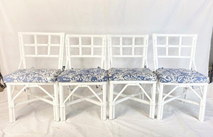 Set of 4 Vintage White Rattan Side Chairs with Cushions